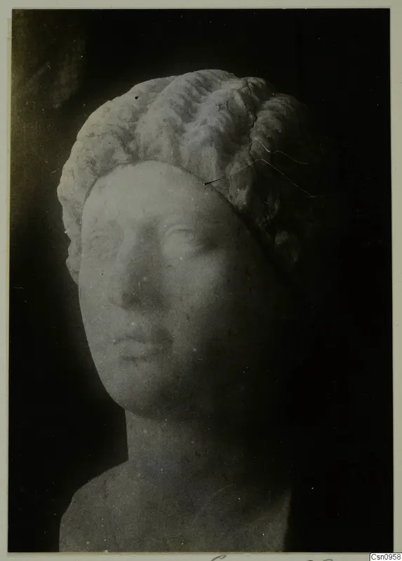 Marble head of a woman with wavy hair swept back, photographed against a dark background.
