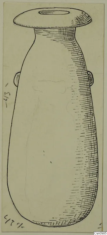 Drawing of an alabaster vase with a wide flat rim, a short neck, a tapering body and two small lugs