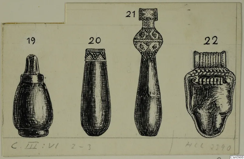 Ink drawing of four alabaster vases from Cyprus, each with a number label above it.