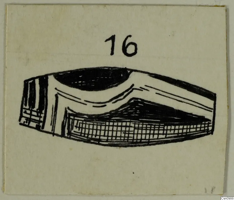 Ink drawing of a low, squat vessel seen at a slant, with a number label above it.