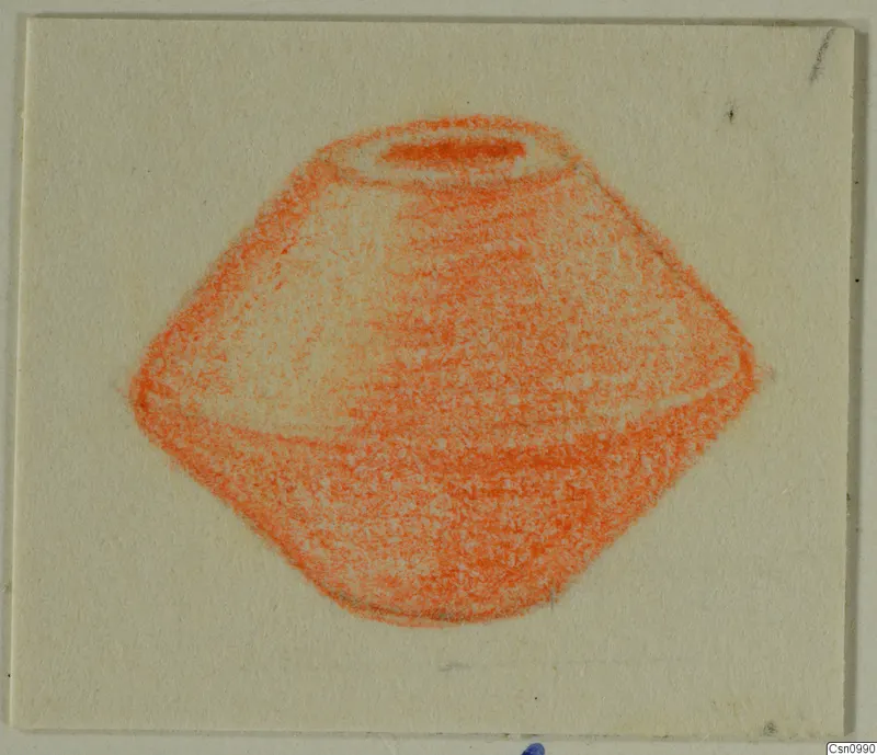 Orange-red crayon drawing of a squat vessel with a wide shoulder and narrow mouth, on a cream card.