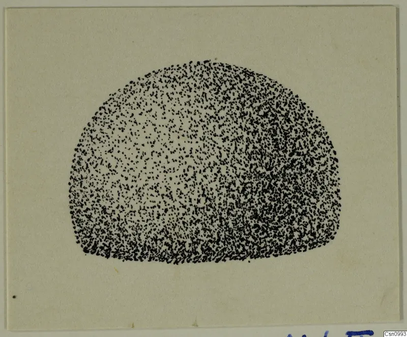 Stippled ink drawing of a rounded, dome-shaped object with a flat base, possibly an alabaster vase