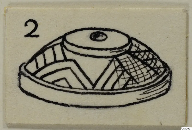 Ink drawing of a low dome-shaped stone object with a knob on top and chevron and hatched patterns on its sides