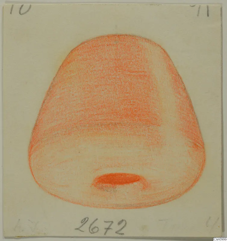 Drawing of a stone object in red crayon, wider at the base and narrowing to a rounded top, with a small oval hollow near the base.