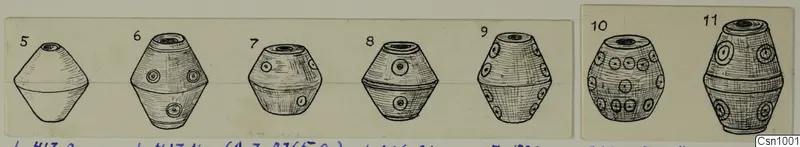 Ink drawings of seven stone spindle whorls from Lapithos, Kastros tombs, shown in side view