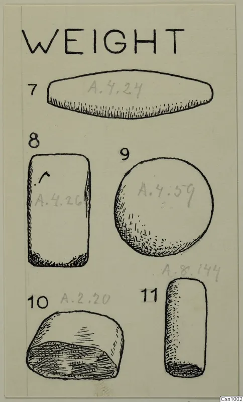 Ink drawing of five numbered stone objects under a printed heading, showing flat, block, disc and cylinder forms