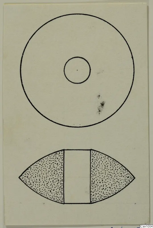 Drawing of a stone object in plan view above and side elevation below, with a central hole and stippled sides