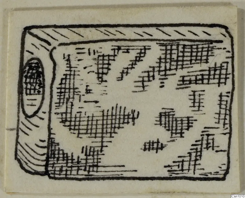 Pen drawing of a rectangular stone object with cross-hatched surface and an oval recess on one side