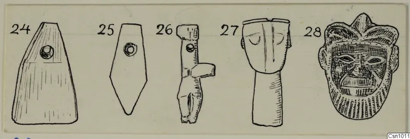 Drawing of five stone idols in a row, two of them carved heads
