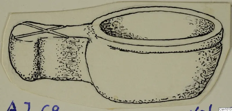 Ink drawing of a bowl with a handle on one side, shown in side view with its interior visible at the top.