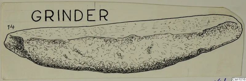 Drawing of a stone grinder from Idalion, an elongated object with a smooth upper edge and a stippled working surface