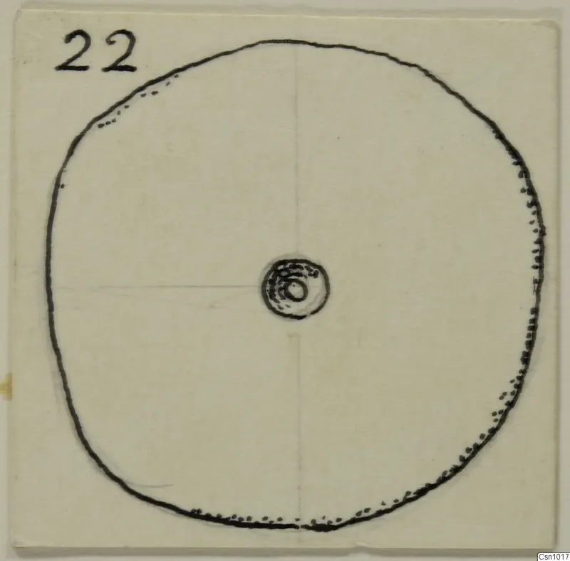 Field drawing of a stone disc from Vouni, seen from above, with a small circle at its centre