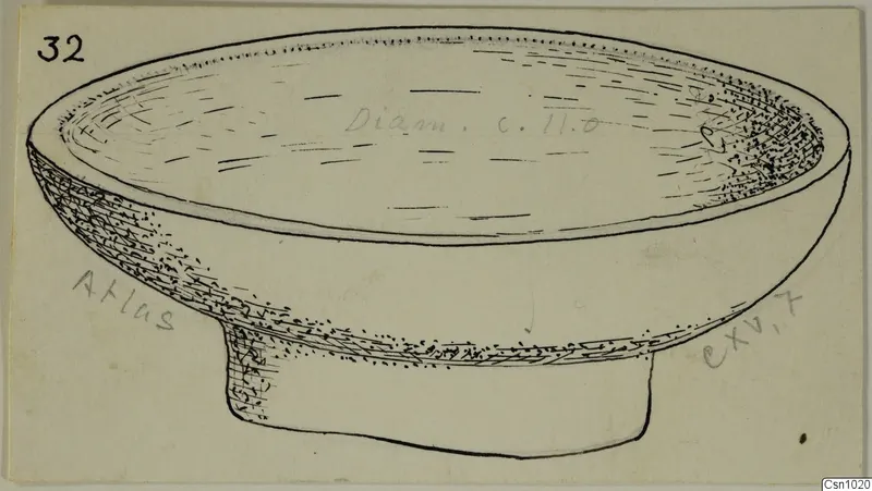 Pen drawing of a stone bowl with a short foot, shown from slightly above.