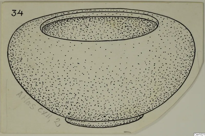 Drawing of a stone bowl with a wide, rounded body, a broad recessed rim and a low ring base.
