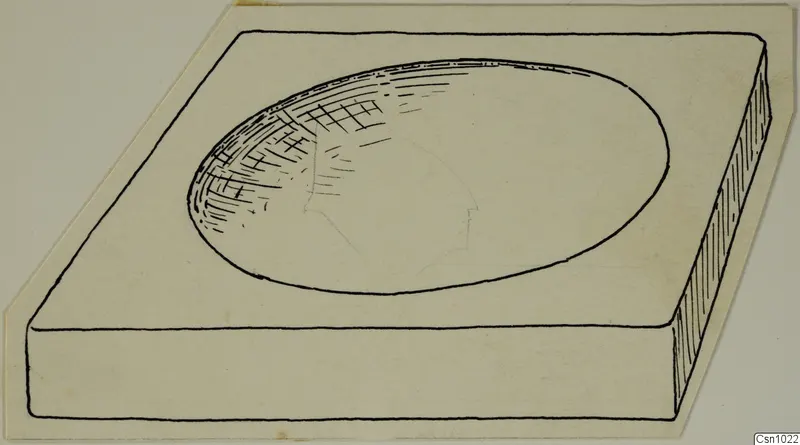Drawing of a stone block with a shallow oval hollow cut into its top surface.