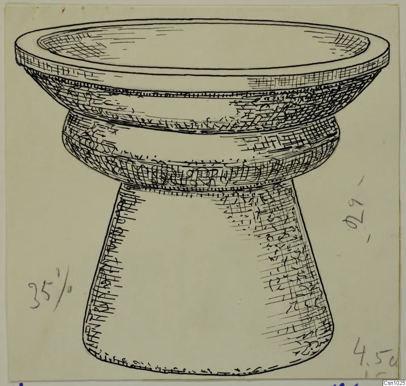 Ink drawing of a stone bowl on a tall conical stand, shown from the side and slightly above.