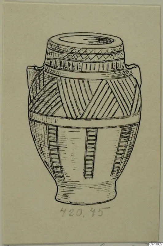 Field drawing of a stone amphoriskos from the Lapithos Kastros tombs, with two small handles and banded decoration.