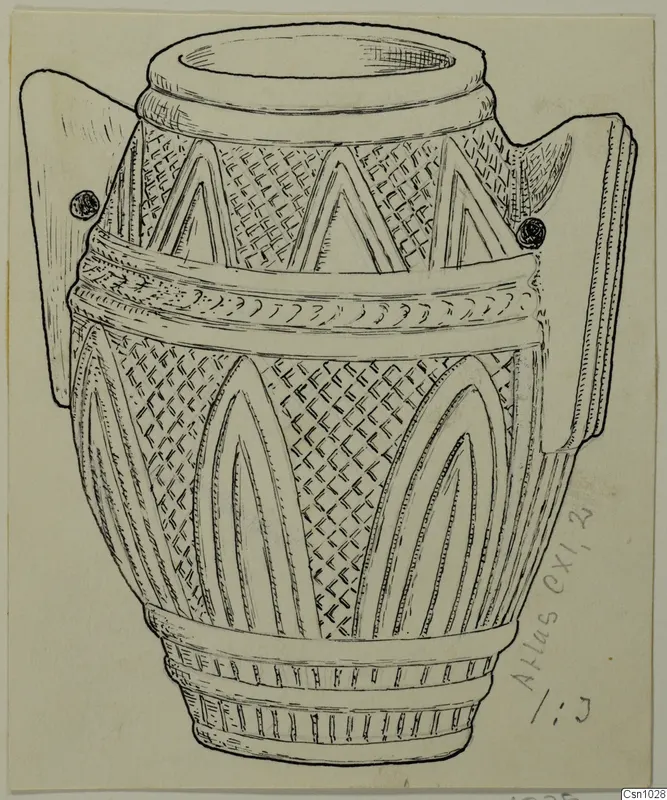 Ink drawing of a two-handled vessel with lattice and arch decoration