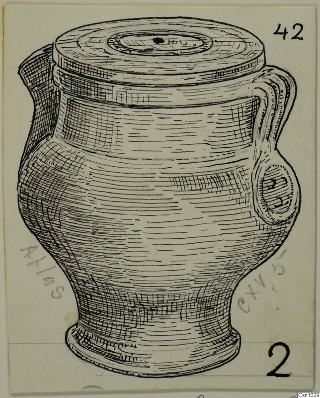 Pen drawing of a vessel with a spout, a loop handle and a flat, lid-like top