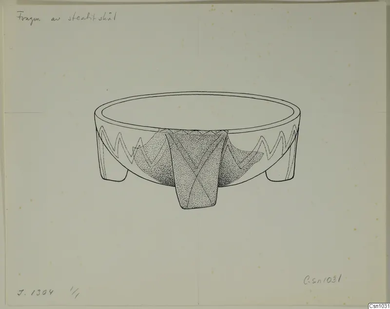 Pen drawing of a steatite bowl with three short feet and zigzag bands on its outer wall