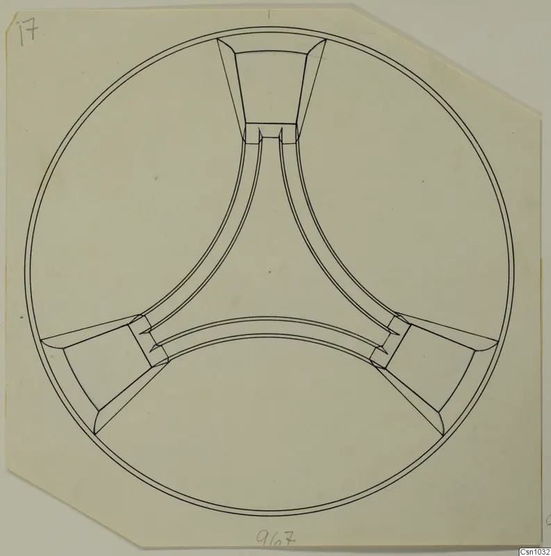 Drawing of a stone object: a ring with three curved arms meeting at the centre, each ending in a flared foot at the rim.