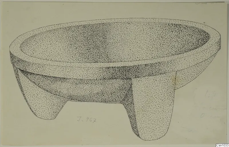 Stippled pen drawing of a shallow stone bowl standing on short legs