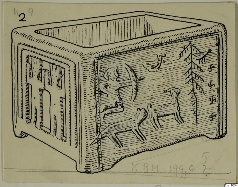 Ink drawing of a square stone box with carved figures, animals, a bird and a tree on its side