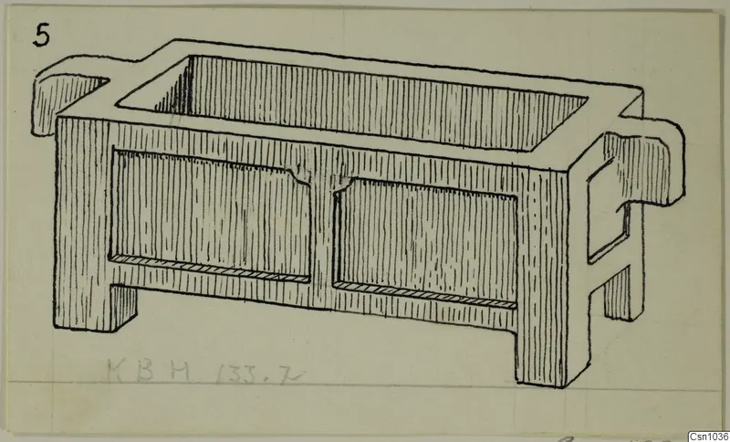 Drawing of a rectangular stone object with an open top, side lugs and recessed panels on its long sides