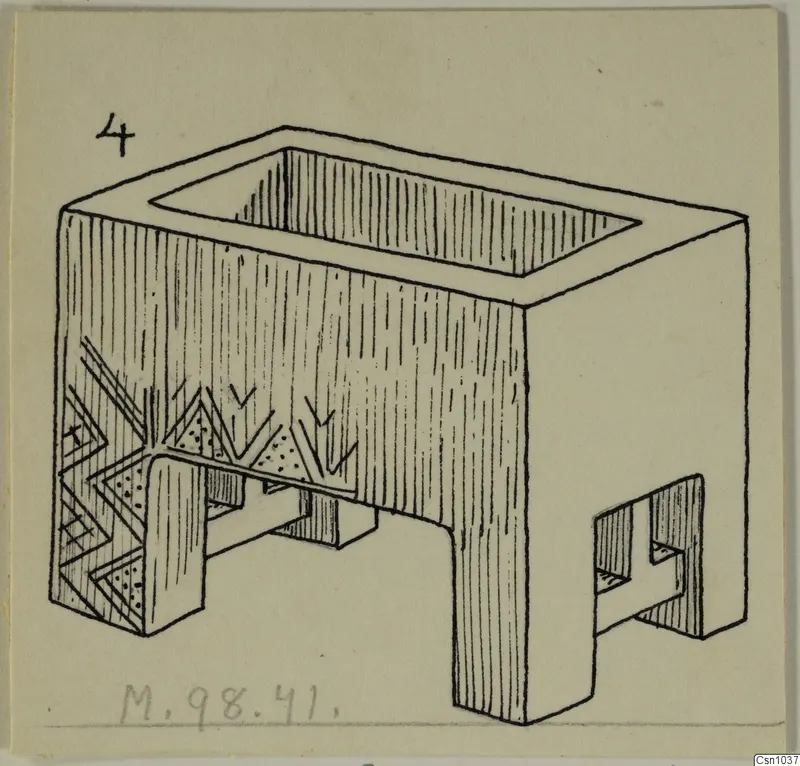Ink drawing of a rectangular stone pyxis from Marion, with four feet and incised chevron decoration