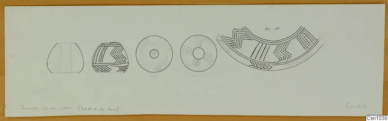 Line drawing of a small disc-shaped object from several views, with a painted curved fragment