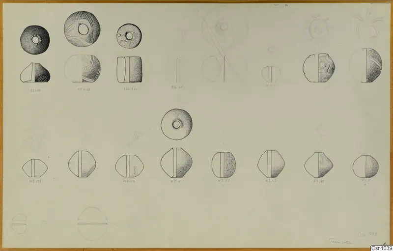 Drawing of BA small finds: round objects with central holes, shown in plan and side views on a sheet.