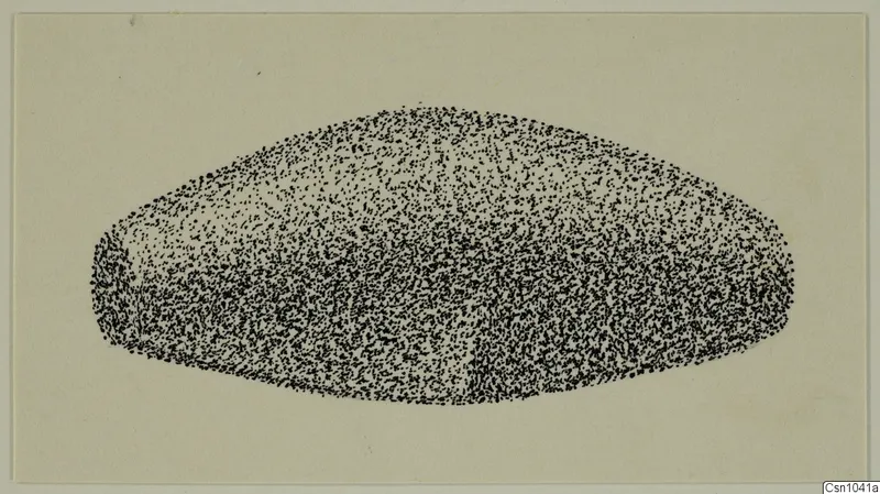 Stippled drawing of a single oval, dome-shaped small find on cream paper