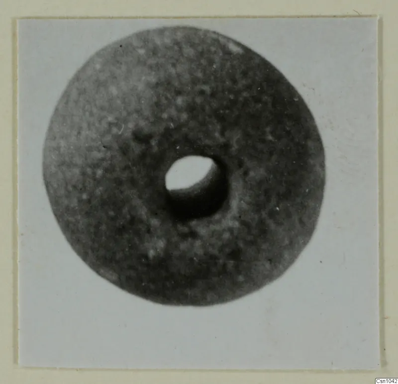 Round disc-shaped object with a large central hole, photographed from above and mounted on a card.