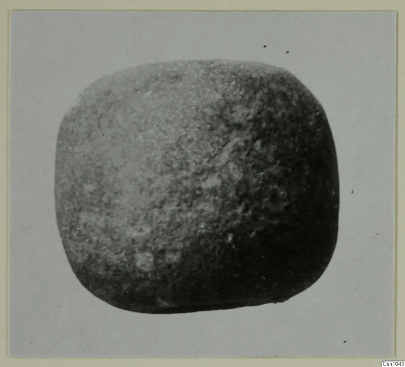 Close view of a rounded, cushion-shaped object with a grainy surface, from the Lapithos Vrysi tou Barba tombs finds