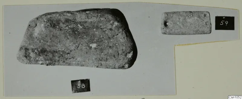 Two worked stone objects photographed on a card mount, numbered 58 and 59, from the Vrysi tou Barba tombs at Lapithos