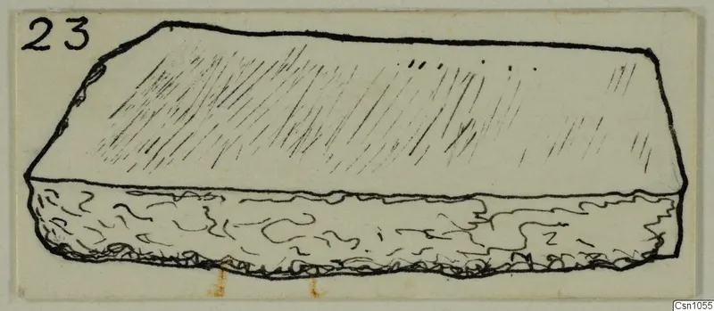 Field drawing of stone object 23: a thick slab with a hatched upper face and a rough, textured lower part