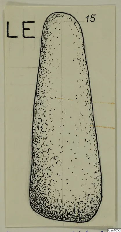Ink drawing of an elongated, tapering object with a rounded top, with a letter label at upper left.