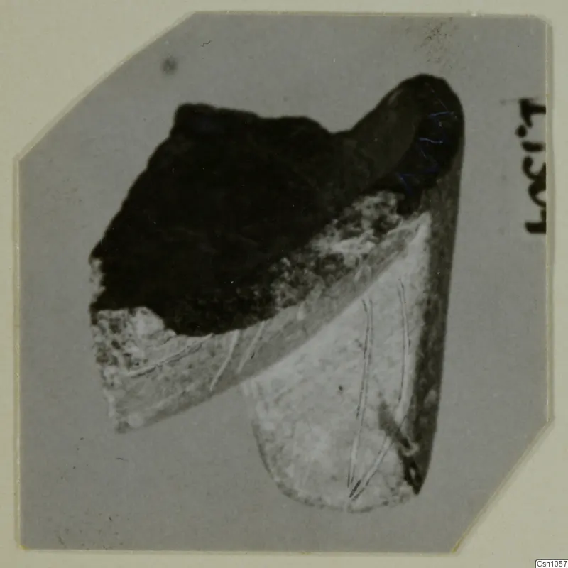 Small broken fragment, dark on top and pale with thin scratches below, shown on a grey card with a number label