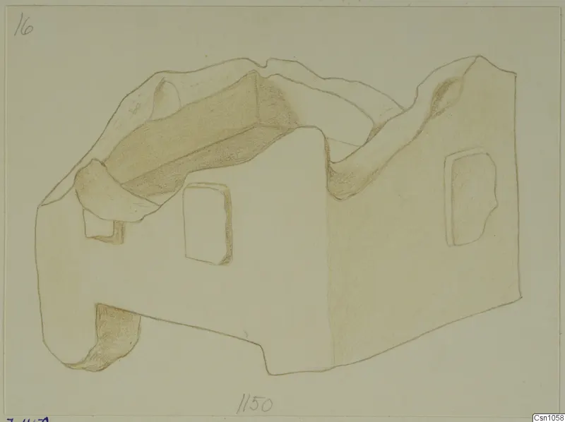 Pencil drawing of a block-shaped object with a hollow open top and rectangular recesses in its sides.