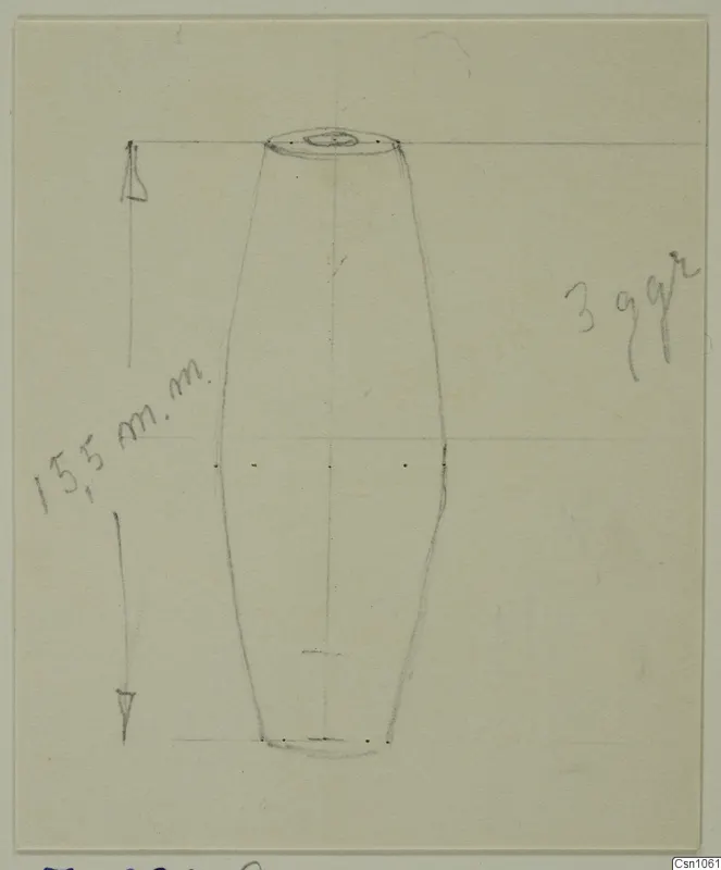 Pencil drawing of a small barrel-shaped object with a flat top, with a length measurement and a handwritten note beside it