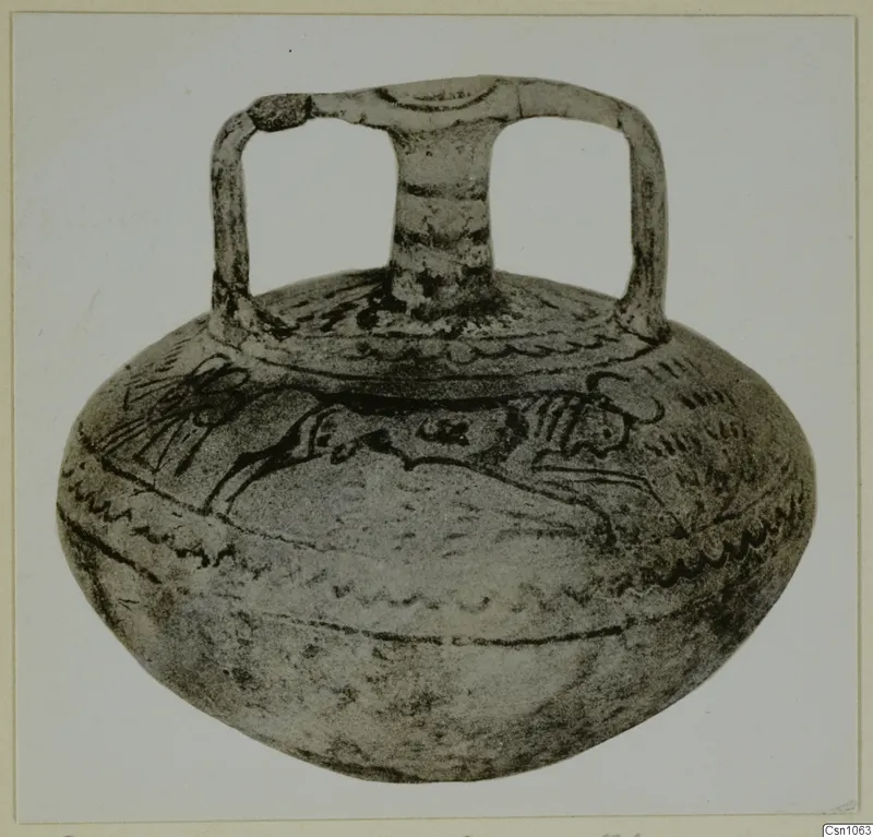 Vessel with a squat body, a tall central neck and two loop handles, painted with an animal and bands, from Cesn.