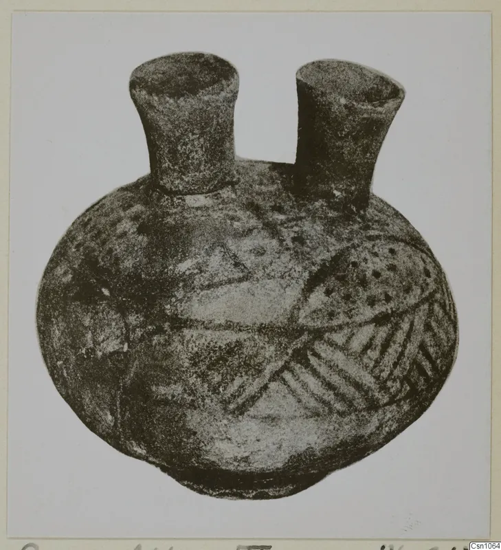 Two-necked vessel with a rounded body and hatched and dotted decoration, shown on a mounted card