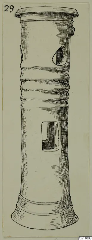 Pen drawing of a tall cylindrical terracotta object with two openings in its side