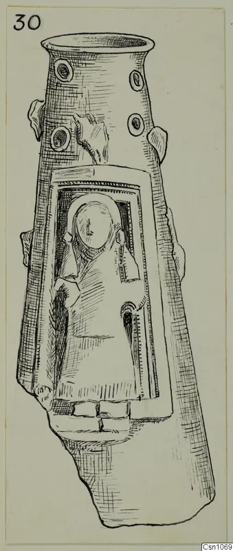 Pen drawing of a terracotta object with a relief figure of a standing figure in a raised rectangular frame
