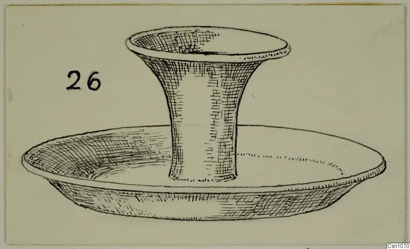 Drawing of a terracotta object: a shallow dish with a tall flared stem rising to a cup-shaped top