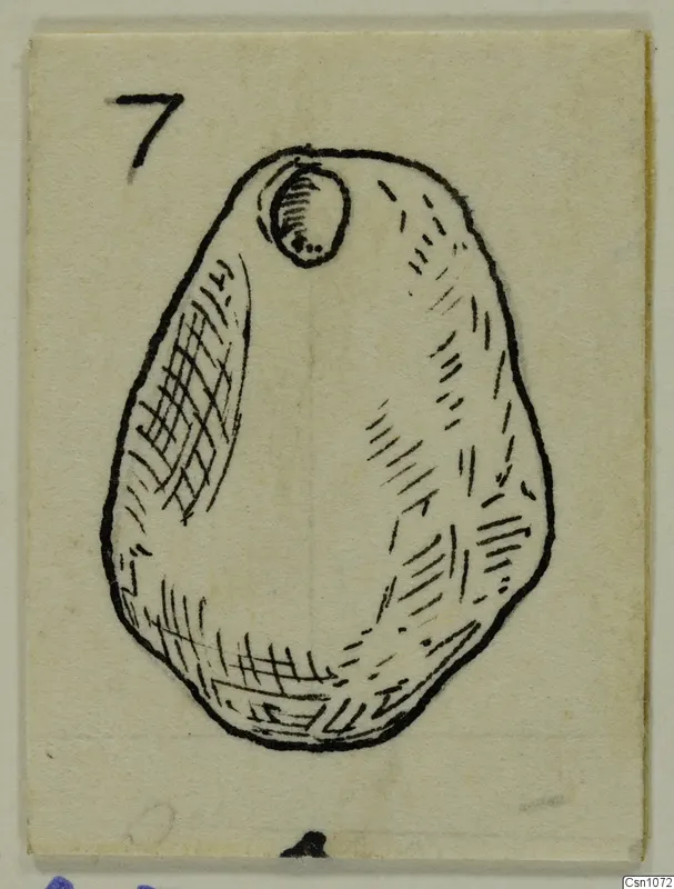 Drawing of a pear-shaped terracotta object with a small loop at the top and hatched shading.