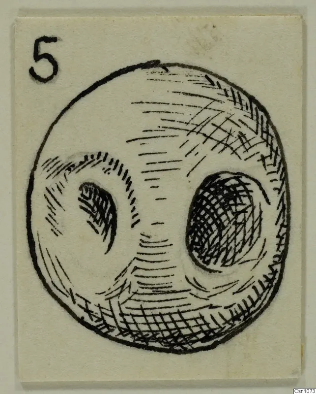Pen drawing of terracotta V.10, a rounded object with two large dark hollows