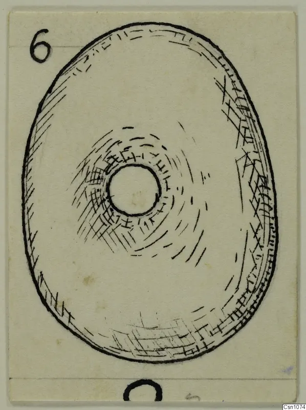 Pen drawing of a terracotta loom weight from Vouni, an oval disc with a central hole