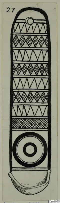 Ink drawing of a terracotta object from Lapithos, with banded zigzag and lozenge patterns and a concentric circle near the base.