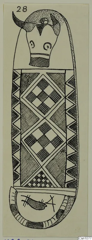 Ink drawing of a terracotta object with a head at the top, checkerboard diamond panels on the body and a fish-like motif at the base